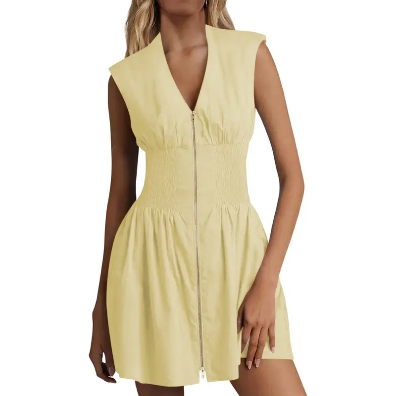 Women's Sleeveless Tank Mini Dress Casual Zip Front V Neck Loose Summer Smocked Dresses with Pockets