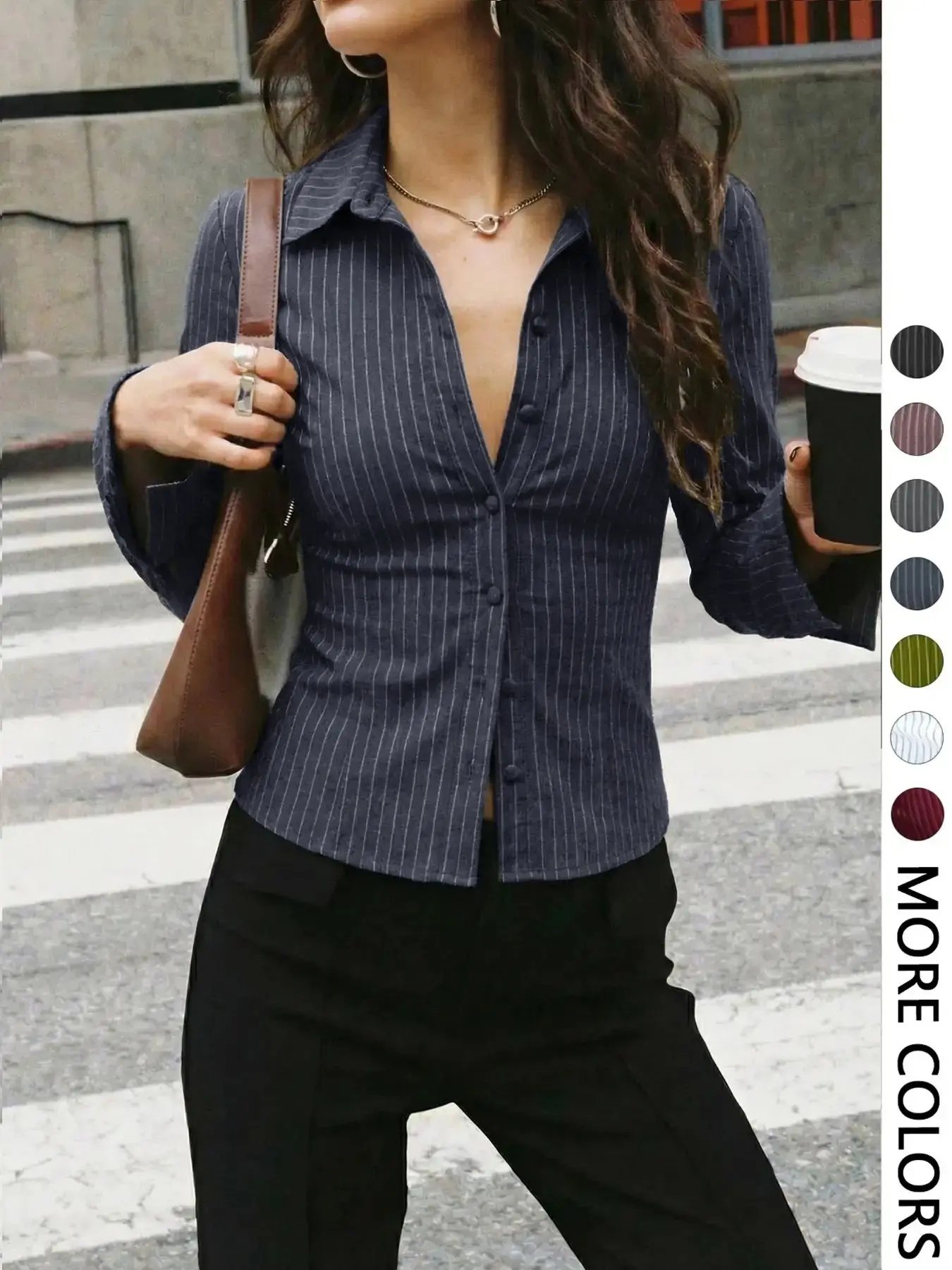 Women's All-Over Striped Print Button Front Blouse