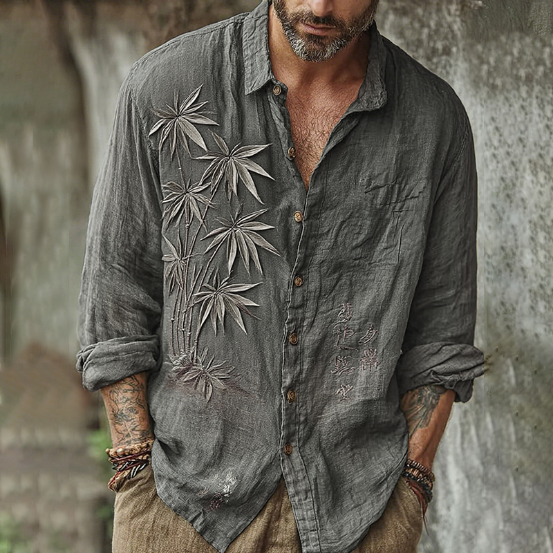 Men's Vintage Japanese Bamboo Embroidery Art Long Sleeve Linen Blend Shirt