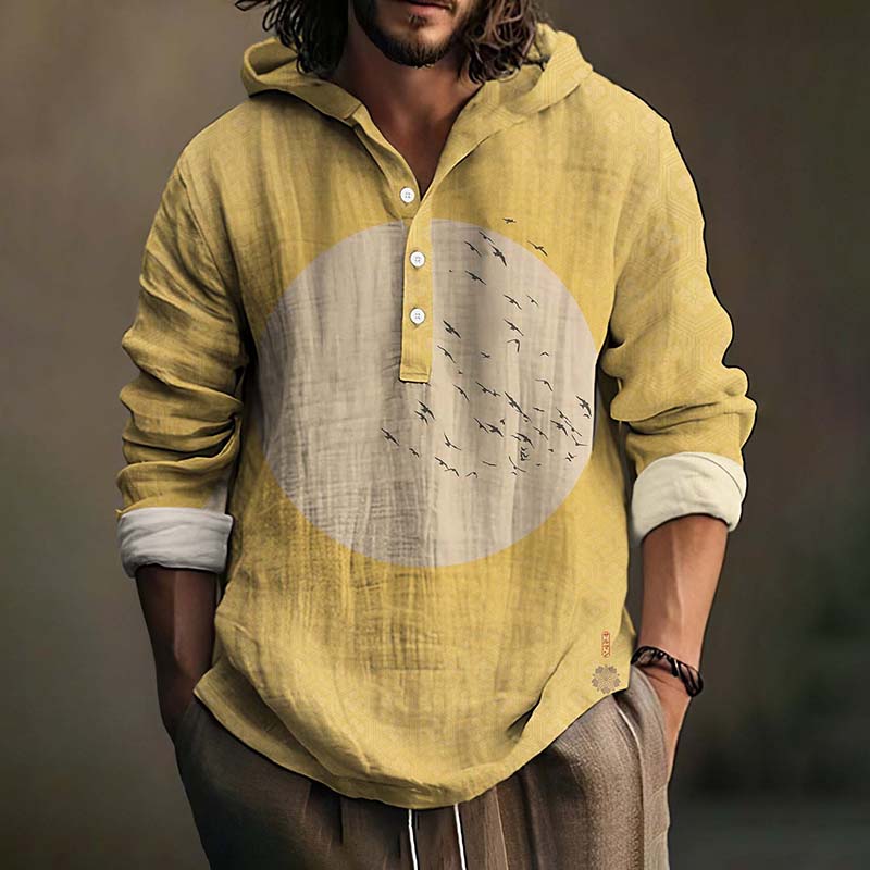 Men's Japanese Ukiyo-E Flying Birds Hokusai Sashiko Art Linen Blend Hooded Shirt