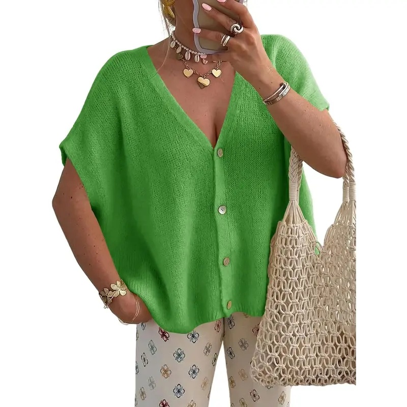 Womens Fall Oversized Cardigans Batwing Short Sleeve Lightweight Button V Neck Casual Knit Sweater Tops