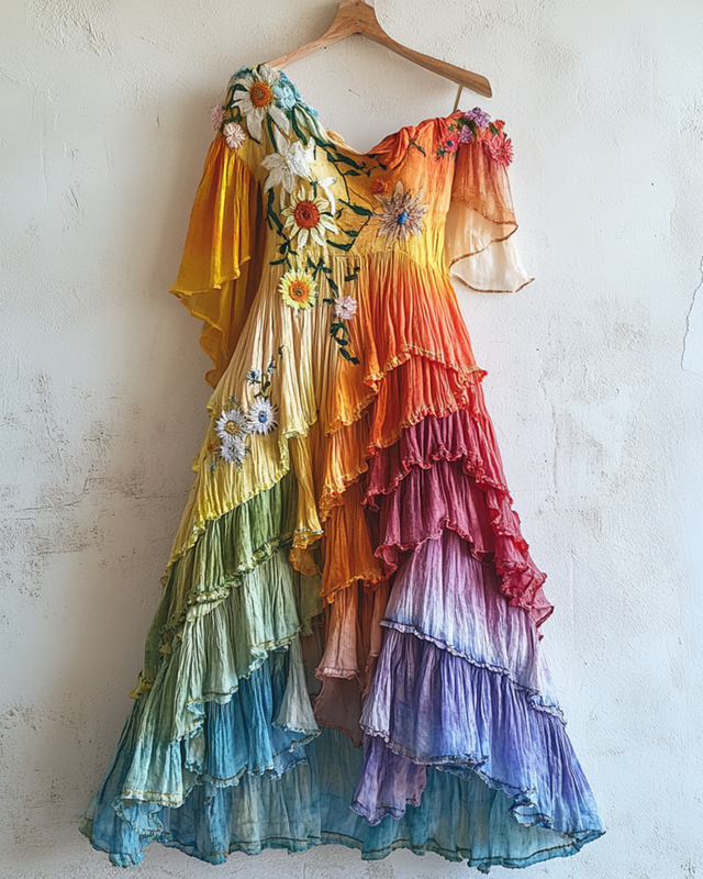 Rainbow Linen Ruffle Daisy Embroidery Irregular Dress  72a4