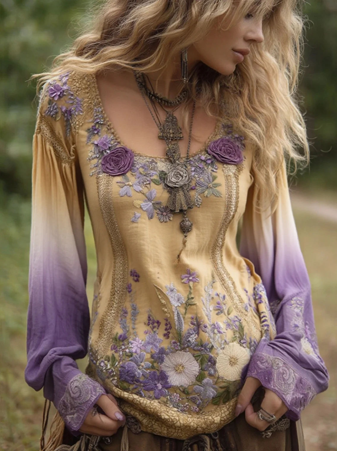 Classy Gradient Purple Lavender And Floral Embroidered Linen Long Sleeve Shirt