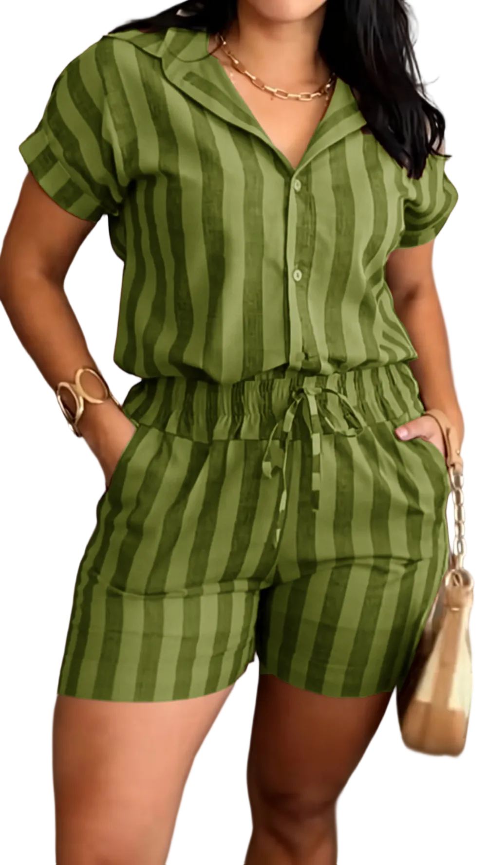 Women's Cotton Linen Striped Short Sleeve & Shorts Casual Set