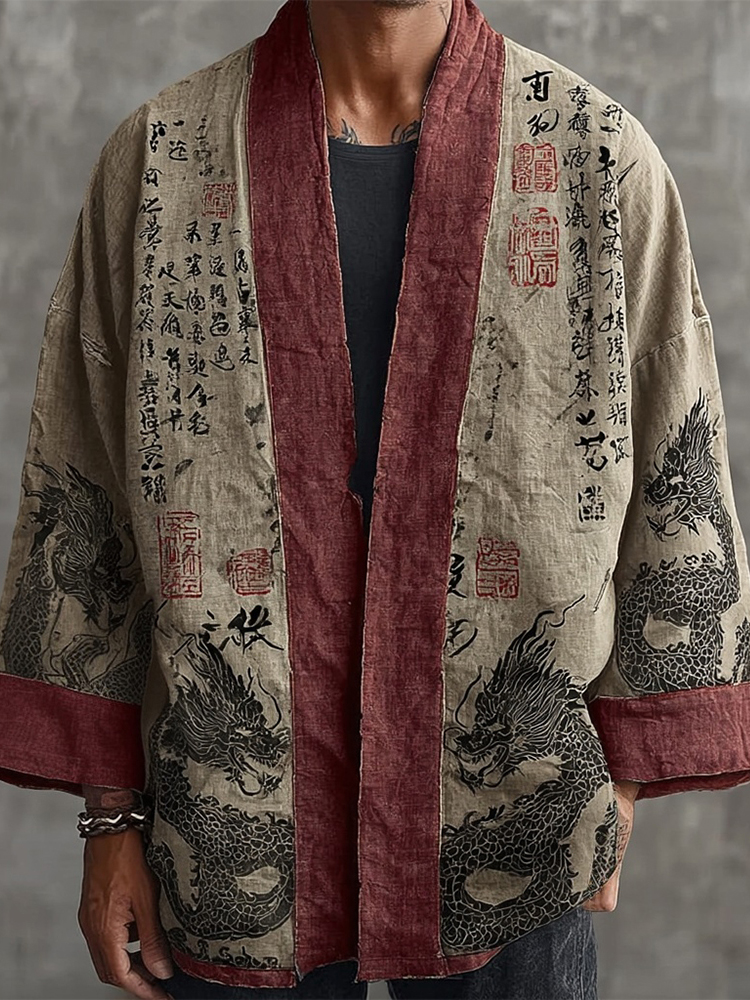 Men's Vintage Dragon Calligraphic Art Contrast Linen Kimono
