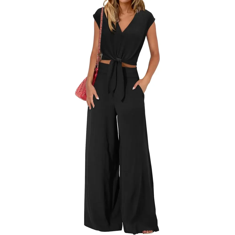 Women's V-Neck Tie Waist Crop Top & Wide Leg Pants 2-Piece Set