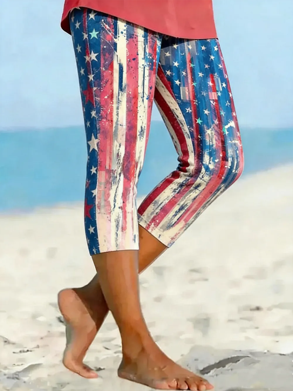 Women Striped Capris Elastic Waist Pants Casual Summer Trousers