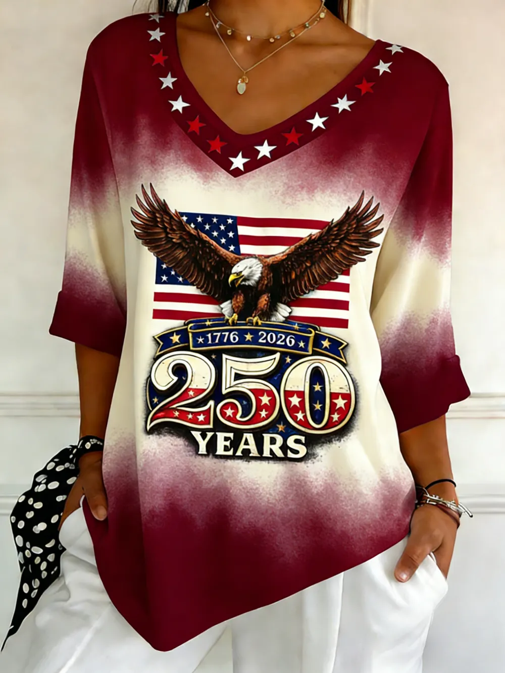 250 Years 1776-2026 Eagle Ombre V-Neck Top
