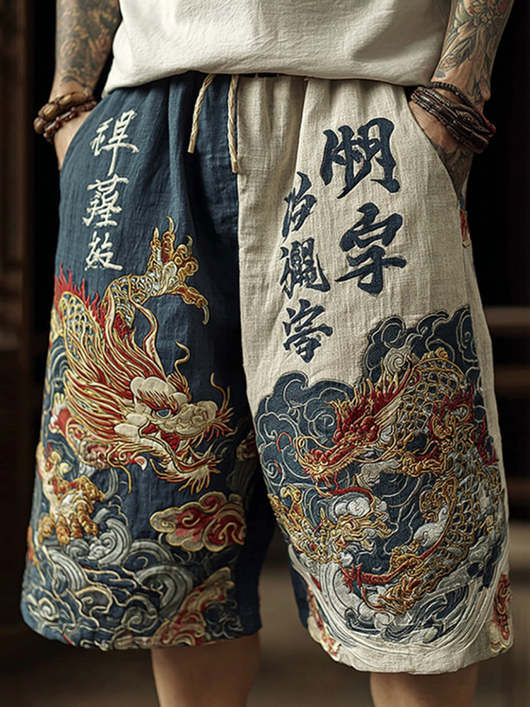 Men's Japanese Dragon Art Linen Comfy Shorts
