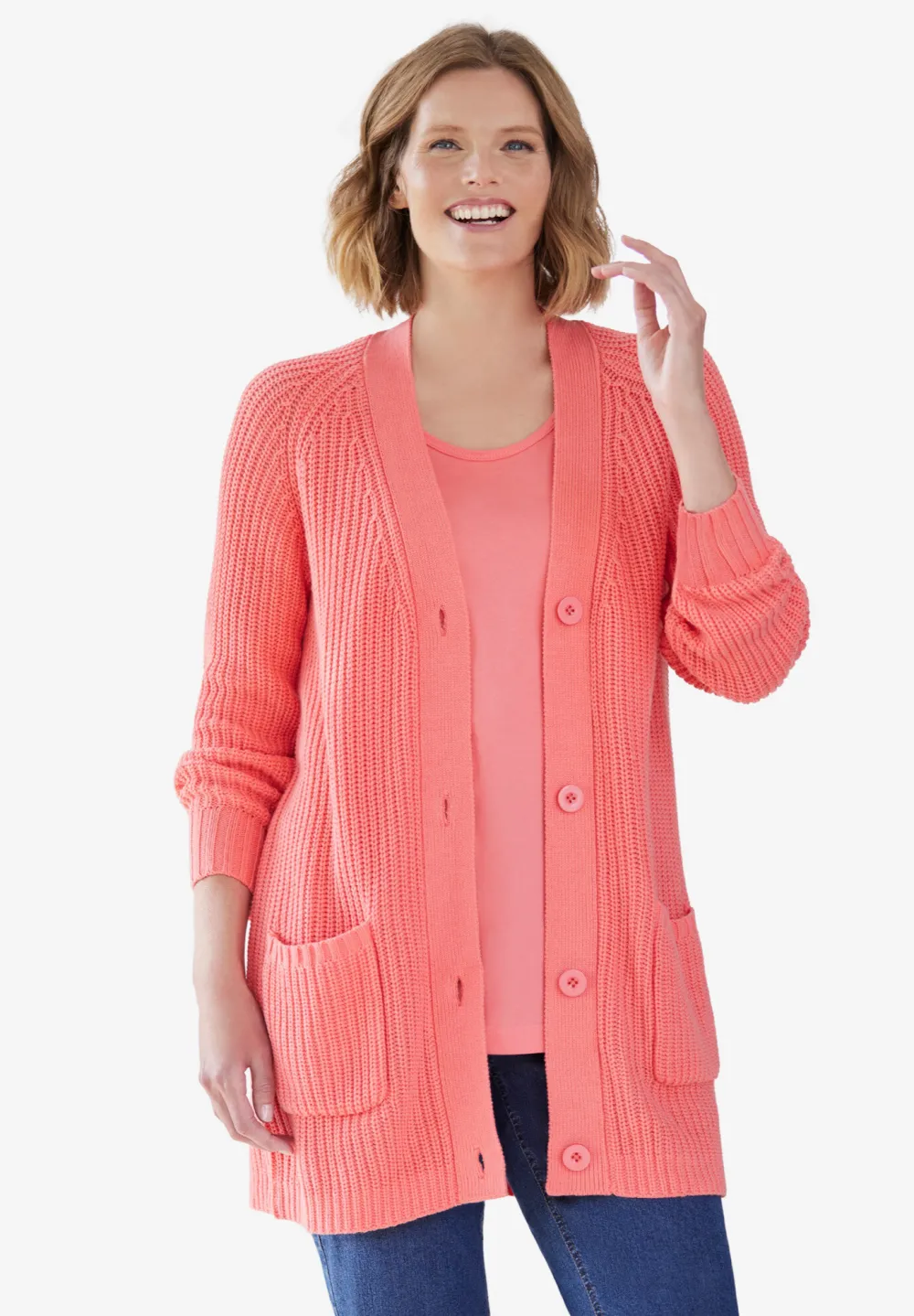 Button-Front Shaker Cardigan