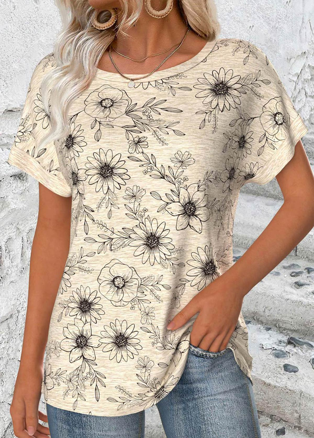 Cotton Crew Neck Floral Casual T-Shirt