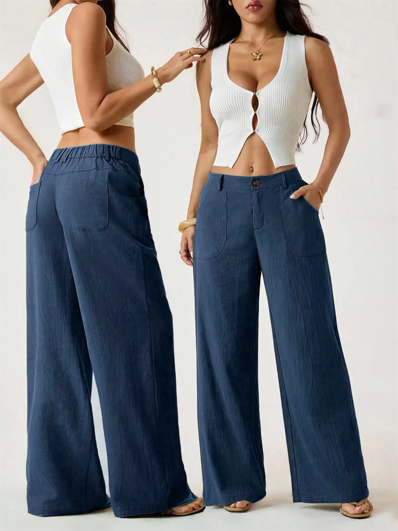 Women's Classical Linen Palazzo Pants Summer Flowy Wide Straight Leg Beach Trousers With Pocket