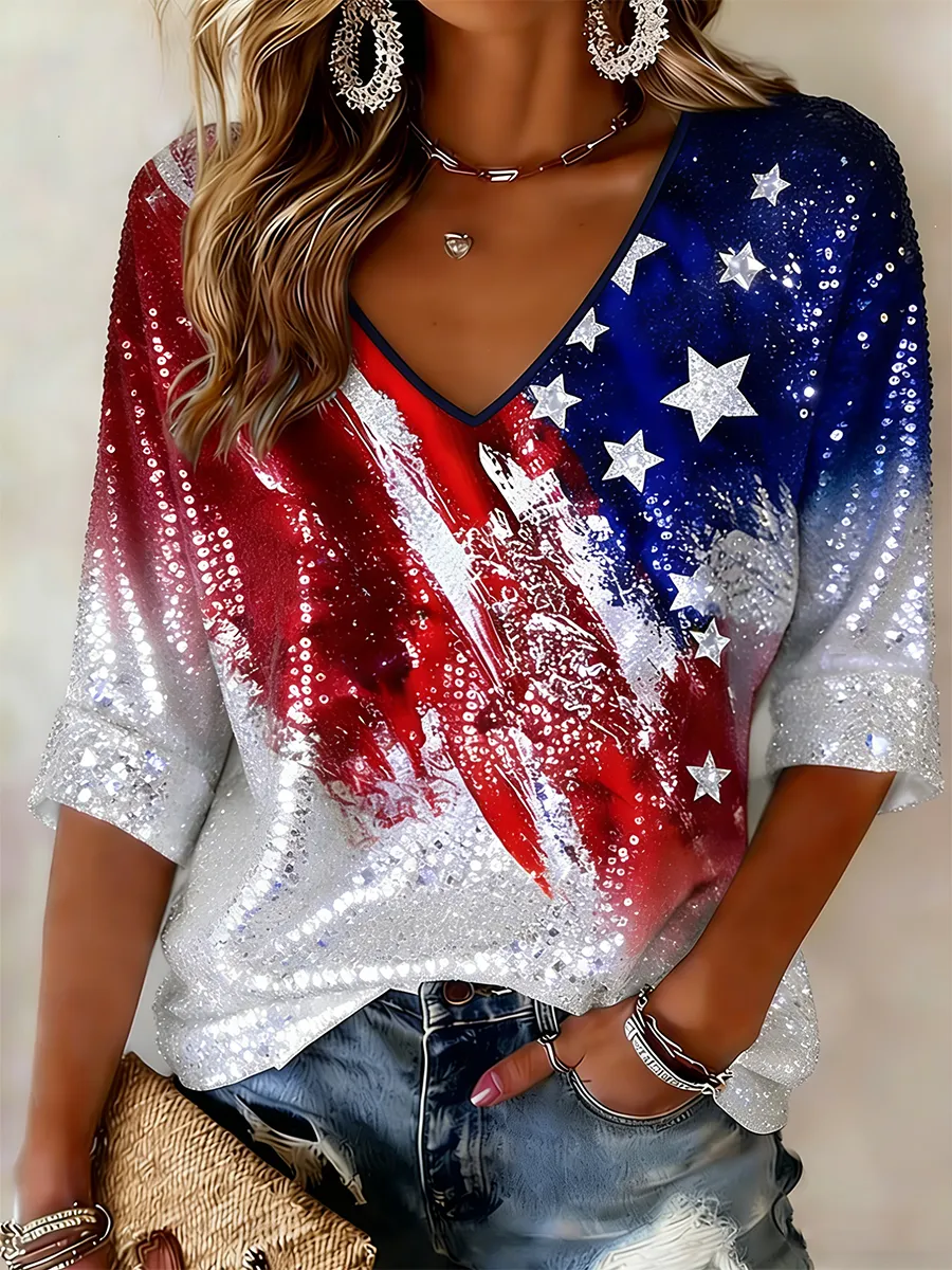Women's American Flag Glitter Printed T-Shirt