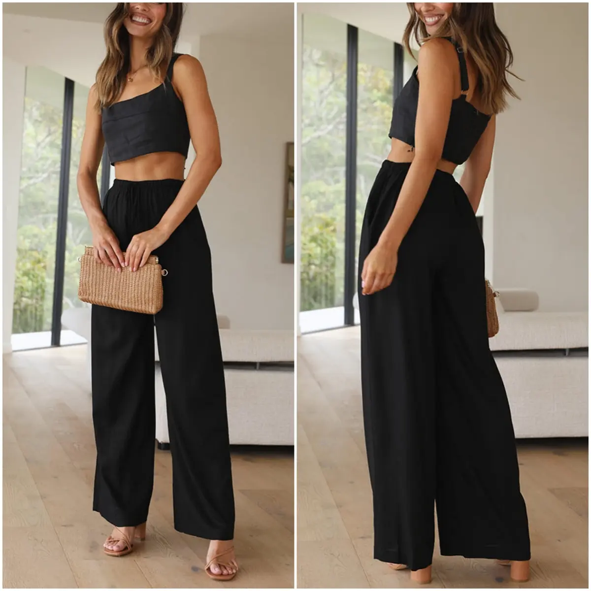 Women's Cotton Linen Summer Palazzo Pants Flowy Wide Leg Beach Trousers with Pockets Casual Womenswear