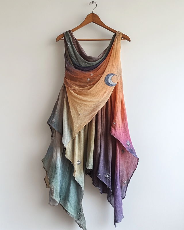 Handmade color block gradient rainbow star and moon irregular dress 0018