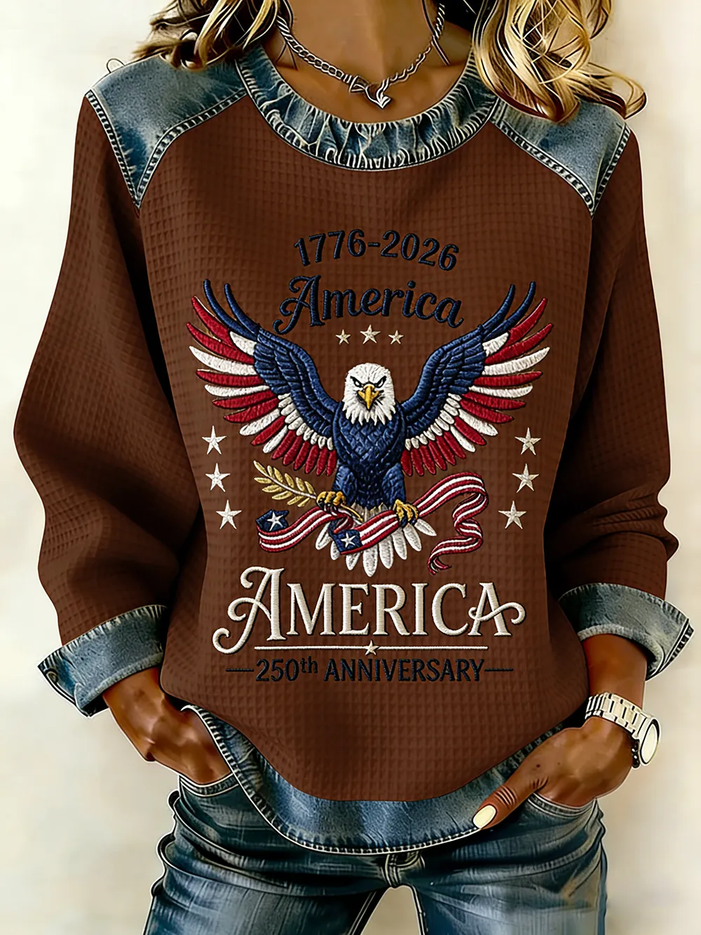 America 250th Anniversary Eagle Embroidered Waffle Knit Top
