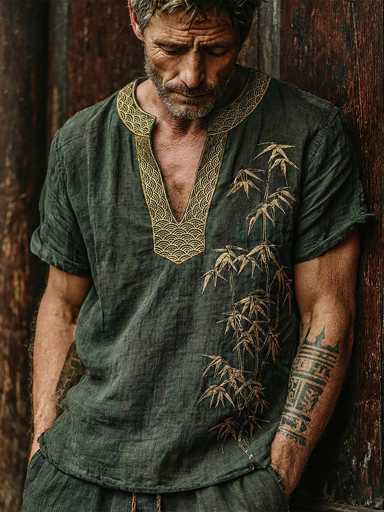 Men's Japanese Bamboo Waves Art Cozy Linen V Neck Shirt