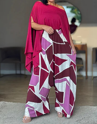 Women's Casual Solid Top & Printed Pants Set – Effortless Everyday Style