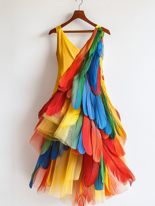 Summer Rainbow Parrot Feather Embroidered Dress 2a01