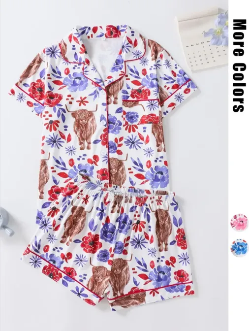 CozyCute Women's Floral & Cow Print Pajama Set – Short Sleeve Top & Shorts Sleepwear Two-Piece for Summer CozyCute