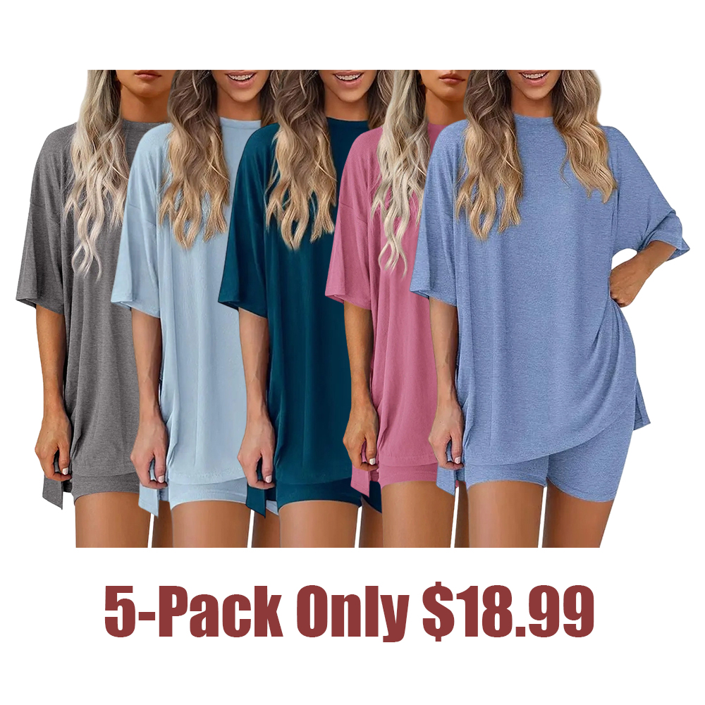 Two-Piece Set For Women Summer Casual Oversized Split Hem Shirts & Side Pocket Biker Shorts Minimalist Lounge Wear Soft Viscose Fabric