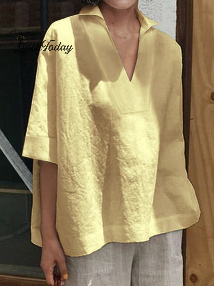 Women's V-neck Cotton And Linen Solid Colour Loose Mid-Sleeve Shirt