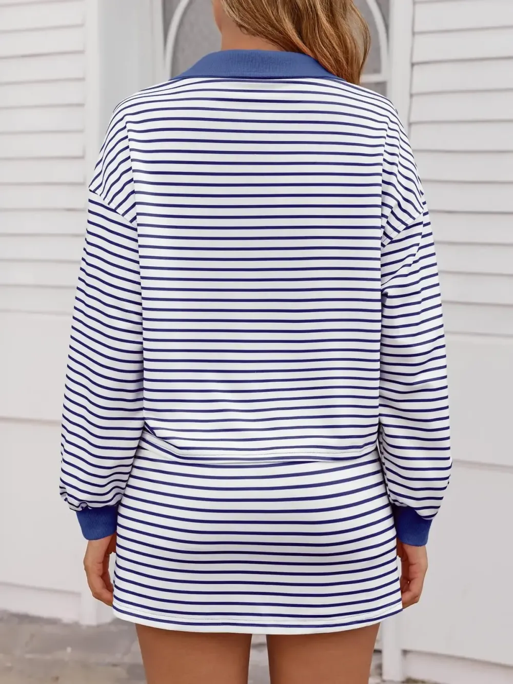 Striped 2 Piece Outfits Casual Sweatshirt Skirt Set Long Sleeve Skort Workout Set