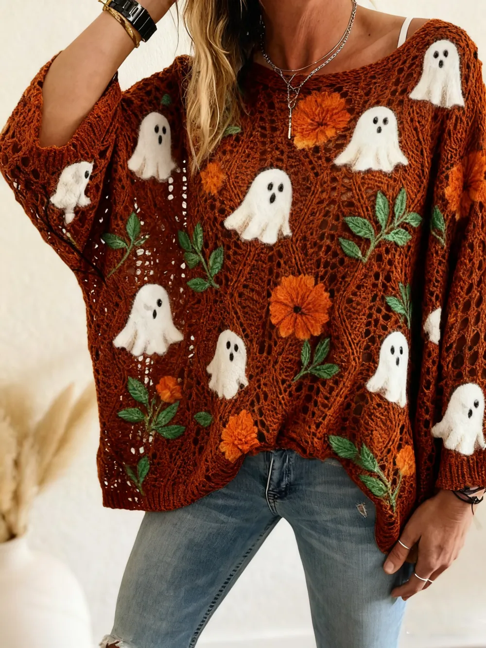 Women's Halloween Pumpkin Print Long Sleeve Knit Top