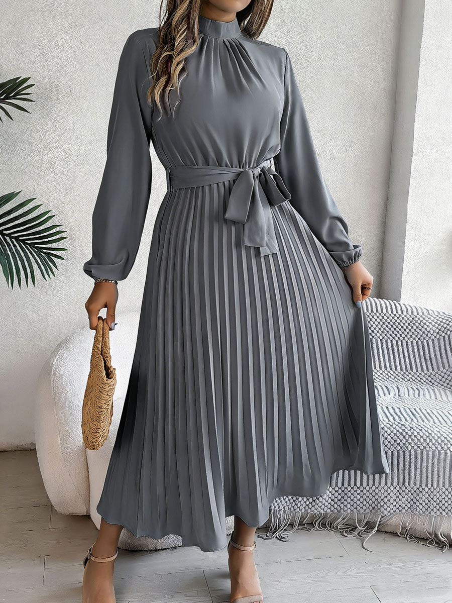 Women's Stand-up Collar Long-sleeved Lace Up Pleated Dress