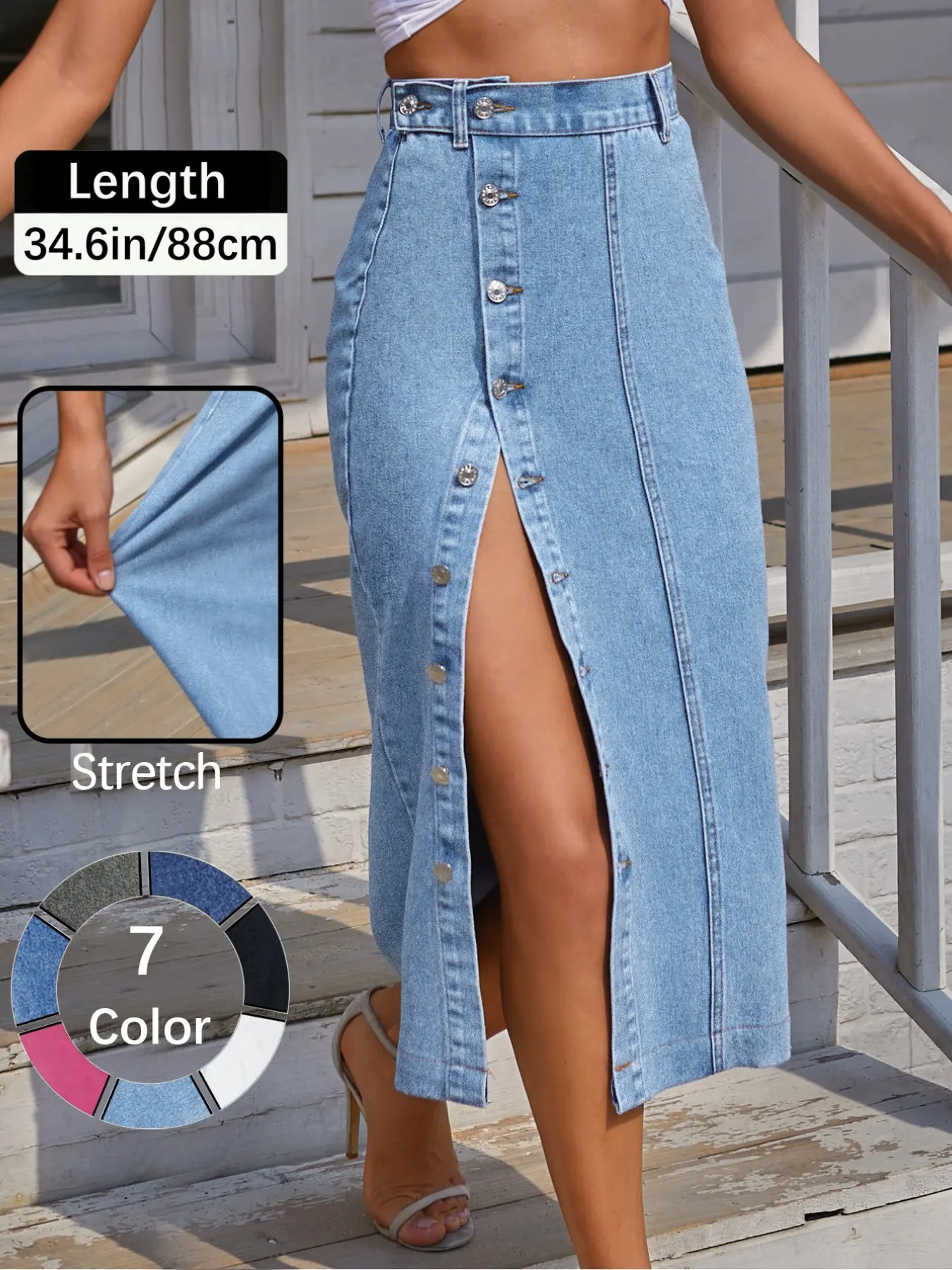 Women's  Button Front Light Wash Denim Split Hem Skirt