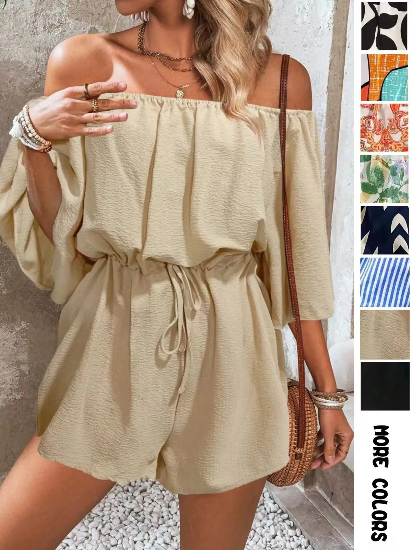 Women's Leaf Print Off Shoulder Tie Front Romper