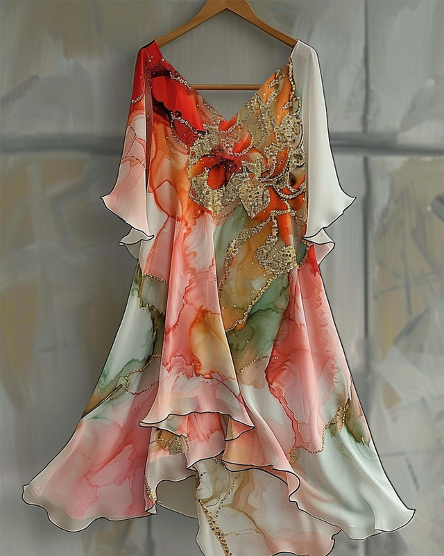 Summer vacation handmade gilded chiffon dress  71f9