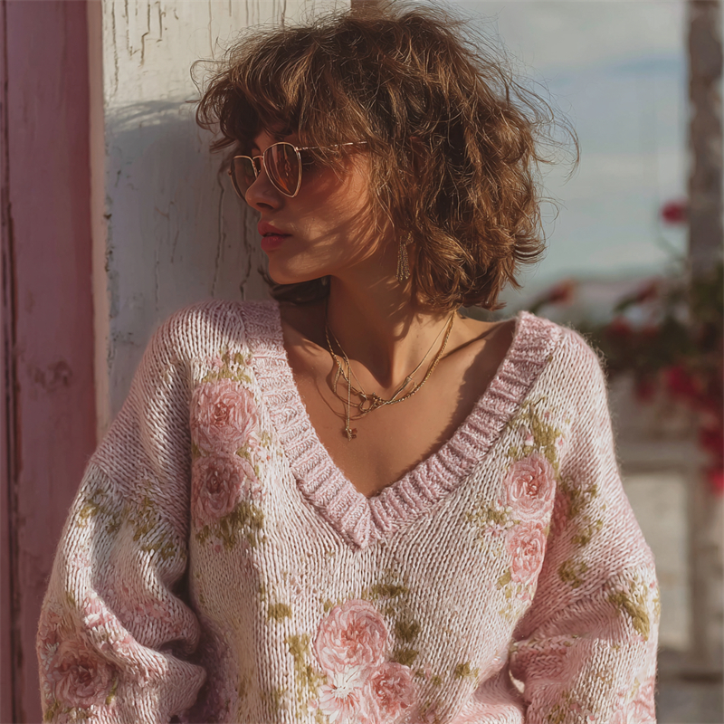 Vintage Cottagecore Roses V Neck Cozy Knit Sweater