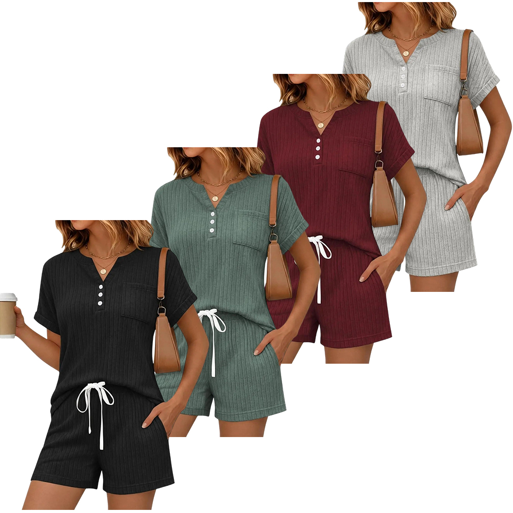 2 Piece Short Sets for Women Summer 2026 Lounge Short Sleeve Henley Outfits Sweatsuit with Pocket