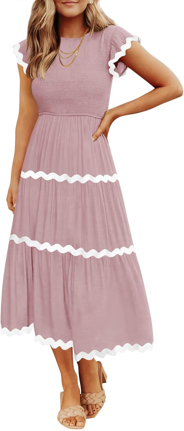 Womens Summer Casual Smocked Midi Dress 2026 Flutter Short Sleeve High Waist Tiered Flowy Boho Vacation Dresses