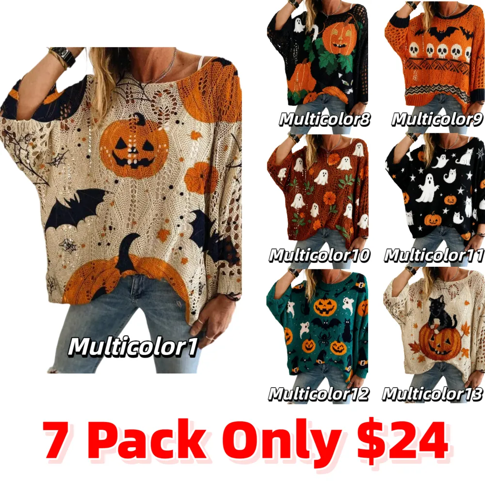 Women's Halloween Pumpkin Print Long Sleeve Knit Top
