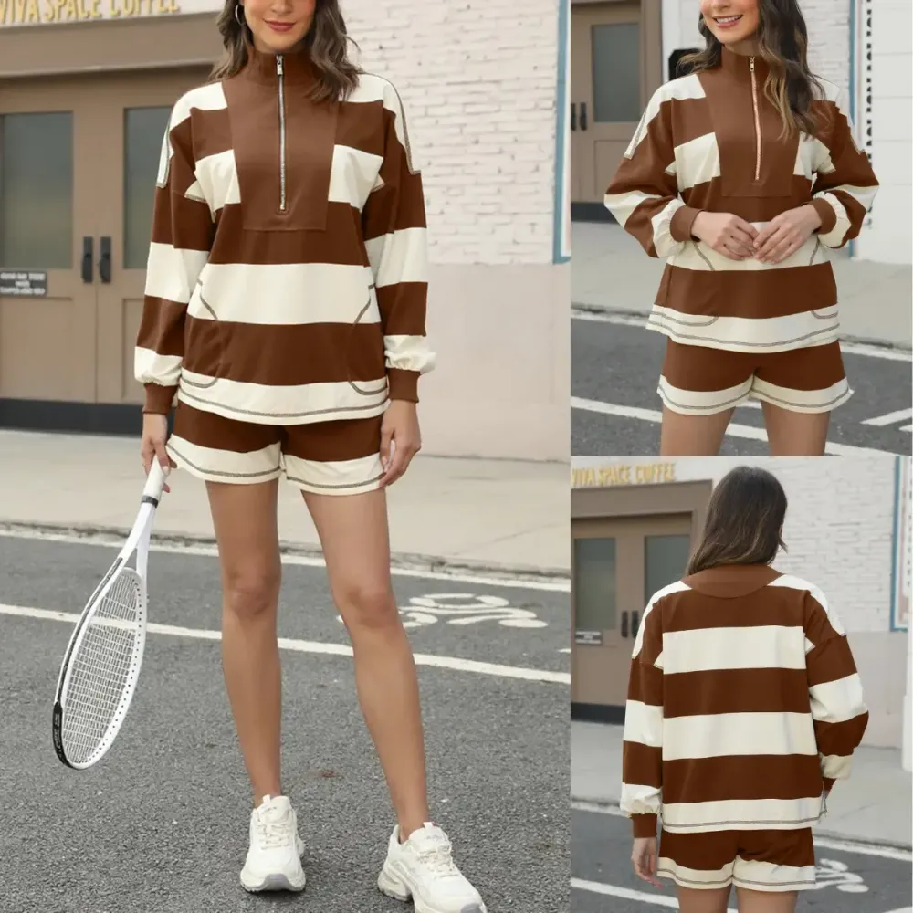 Women's Lounge Set 2 Piece Striped Long Sleeve Quarter Zip & Short Sleeve T Shirt