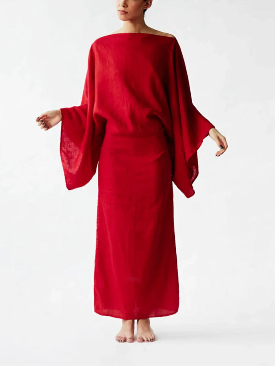 Casual cotton and linen batwing sleeve belt solid color dress