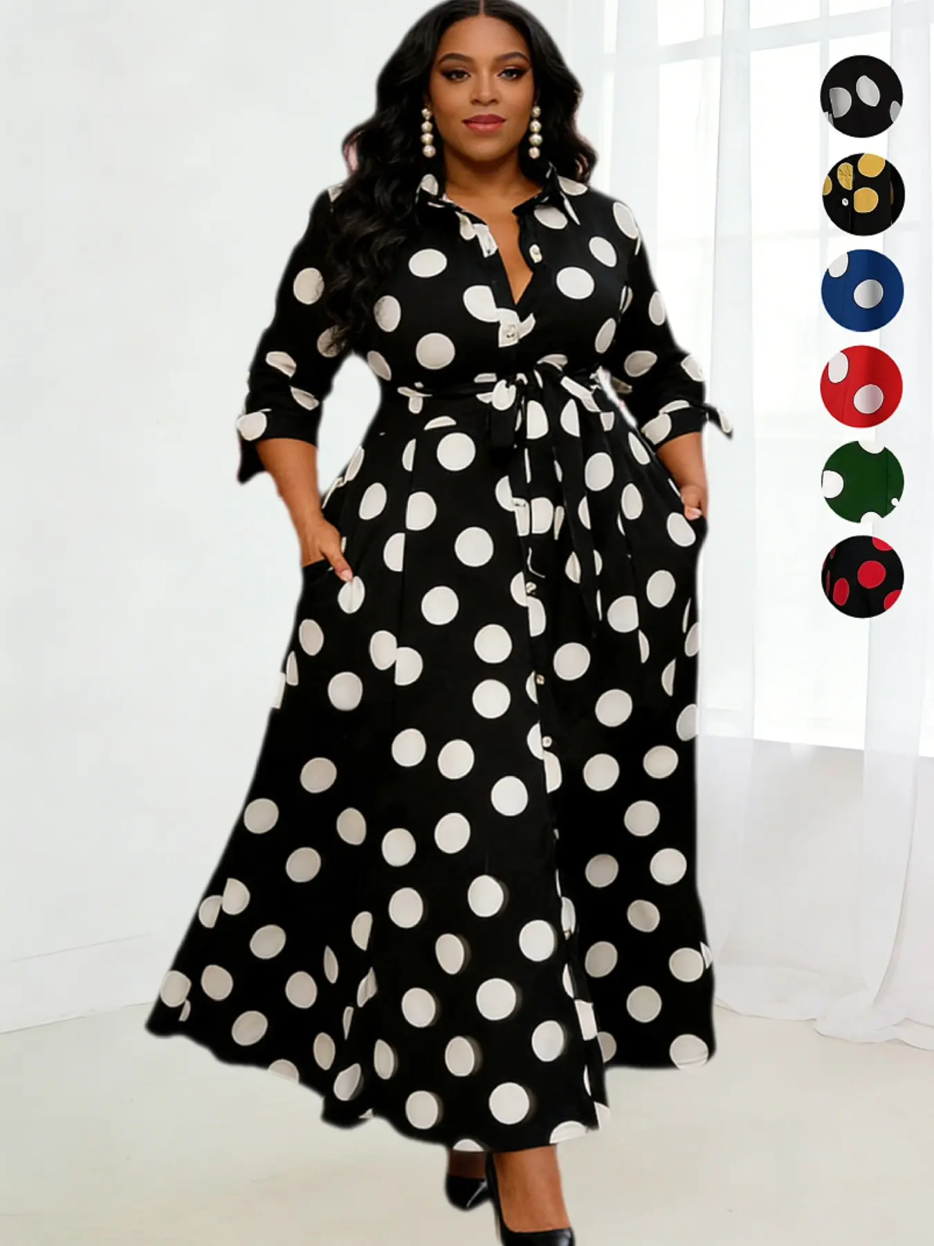 Plus Size Polka Dot Print Belted Button Front Shirt Dress