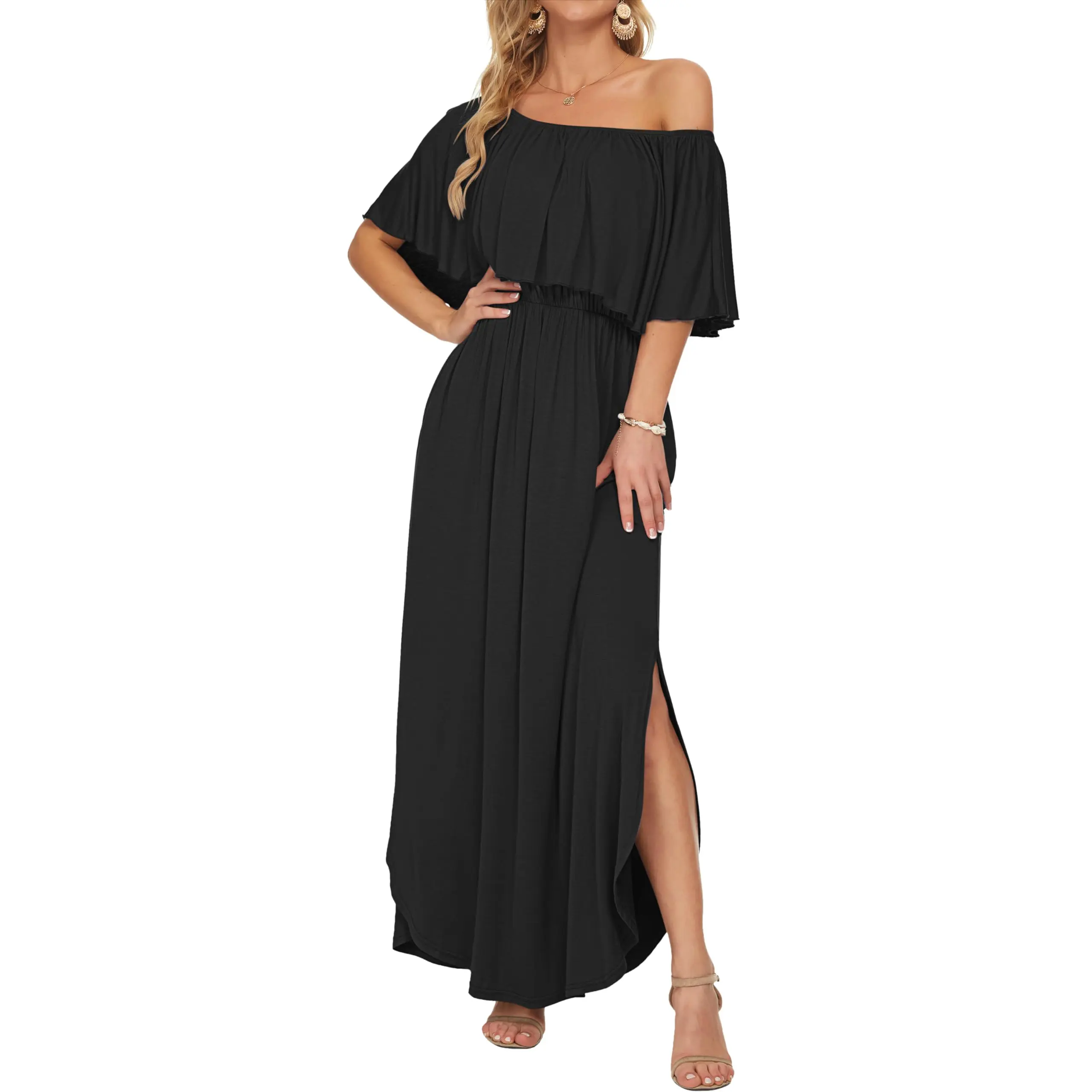 Women's Off The Shoulder Dress Wedding Guest Dress Summer Casual Long Ruffle Party Side Split Beach Maxi Dresses with Pockets