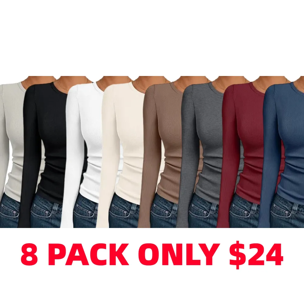 🔥8- PACK Women's Long Sleeve Blouses Shirts with Ribbed Knit Work Office Basic Tops