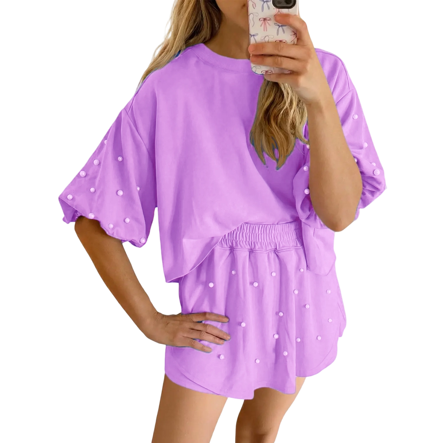 Chic Comfort Pearl Lounge Set – Puff Sleeve Top & Soft Knit Shorts