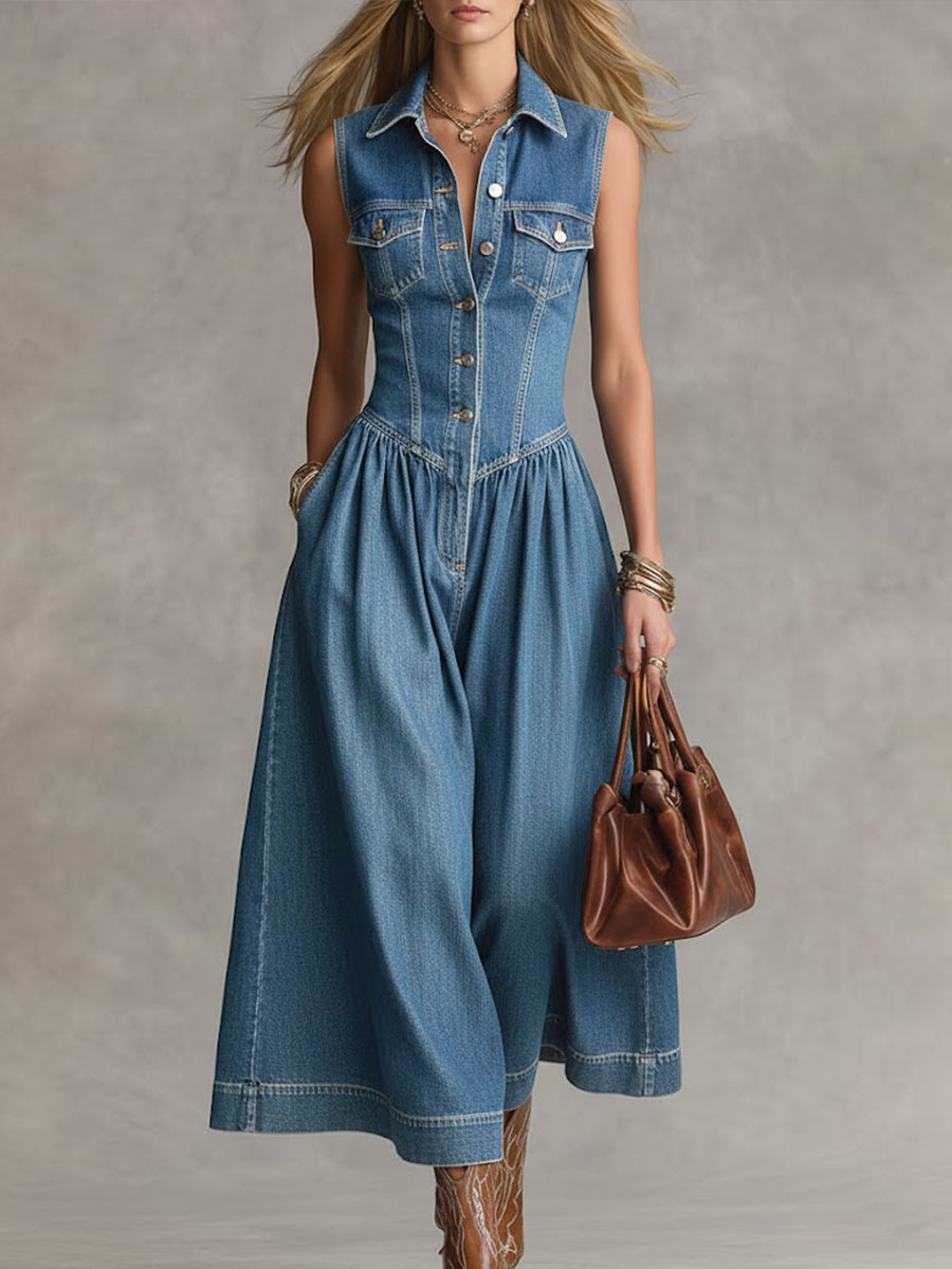 Women's Sleeveless Casual Loose Denim Wide-leg Jumpsuit With Lapel Collar