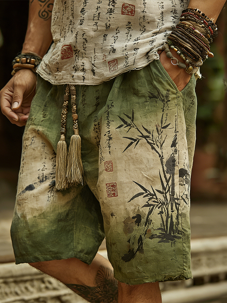 Japanese Art Bamboo Forest Ink Dyeing Art Tie-dye Shorts