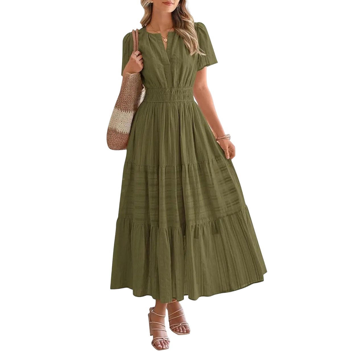 Women's Summer 2026 Casual Maxi Dress Lightweight Short Sleeve V Neck Boho Dress with Pockets