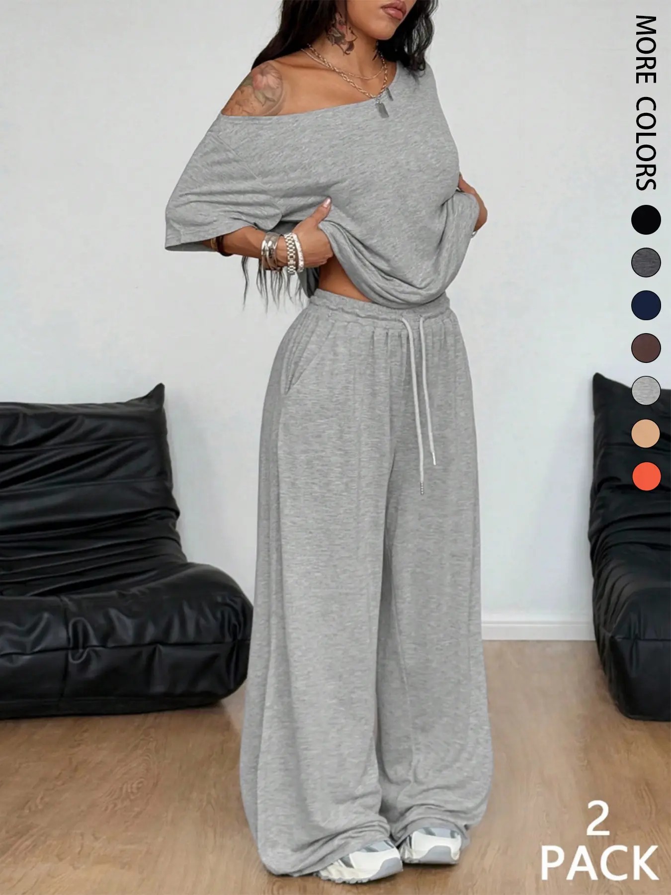 Women's Minimalist Basic Daily Wear Casual Going Out Sport Comfortable Off Shoulder T-Shirt And Wide Leg Pants Two Pieces Outfits