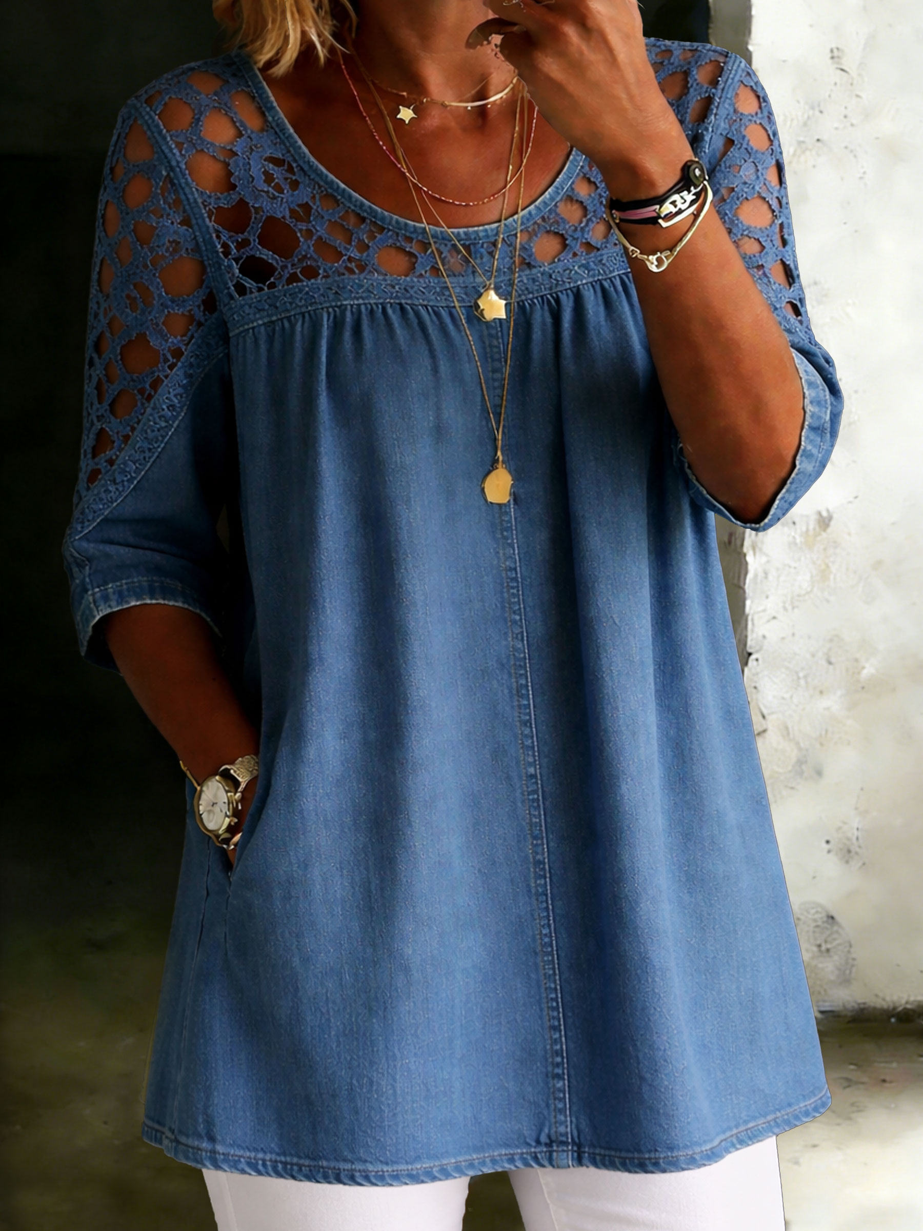 Women's Solid Color Casual Loose Denim Blouse Shirt