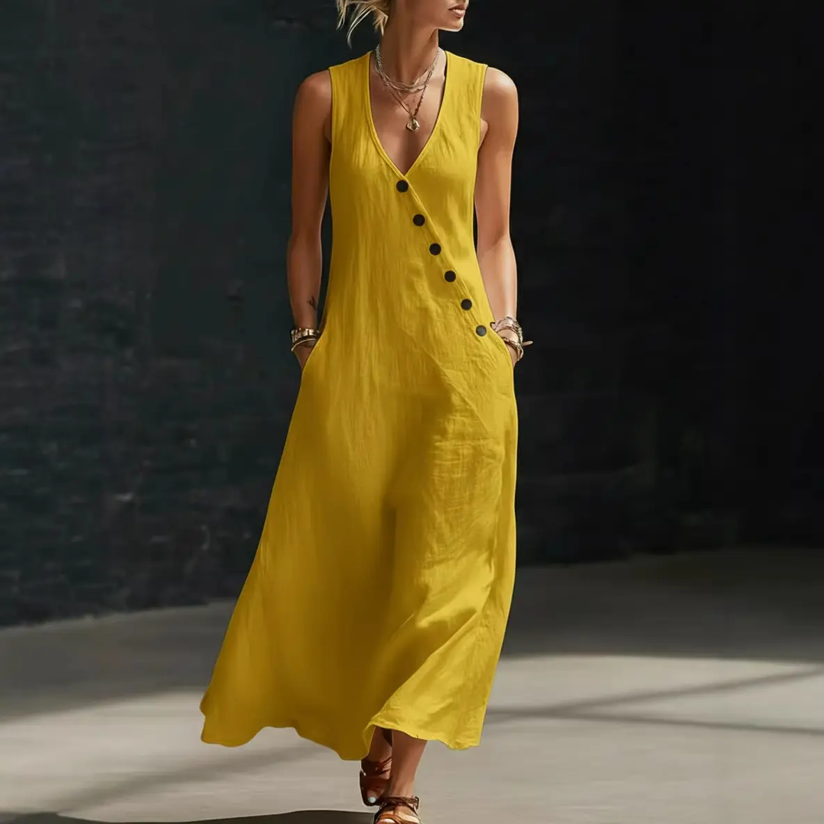 Boho Linen Maxi Dress - Perfect for Beach, Vacation & Brunch! Sleeveless V-Neck Button Detail Casual Dress with Pockets # SleevelessDress