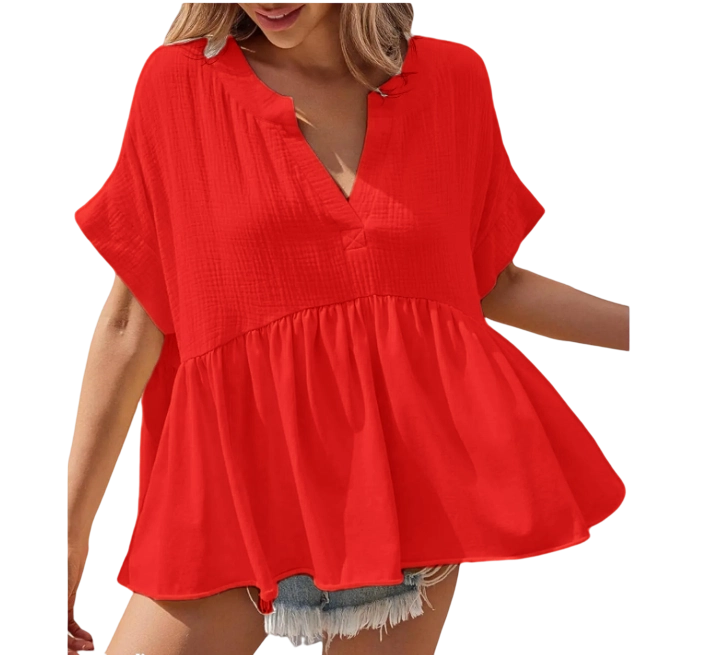 Effortless Flowy Babydoll Blouse – V-Neck Pleated Summer Top