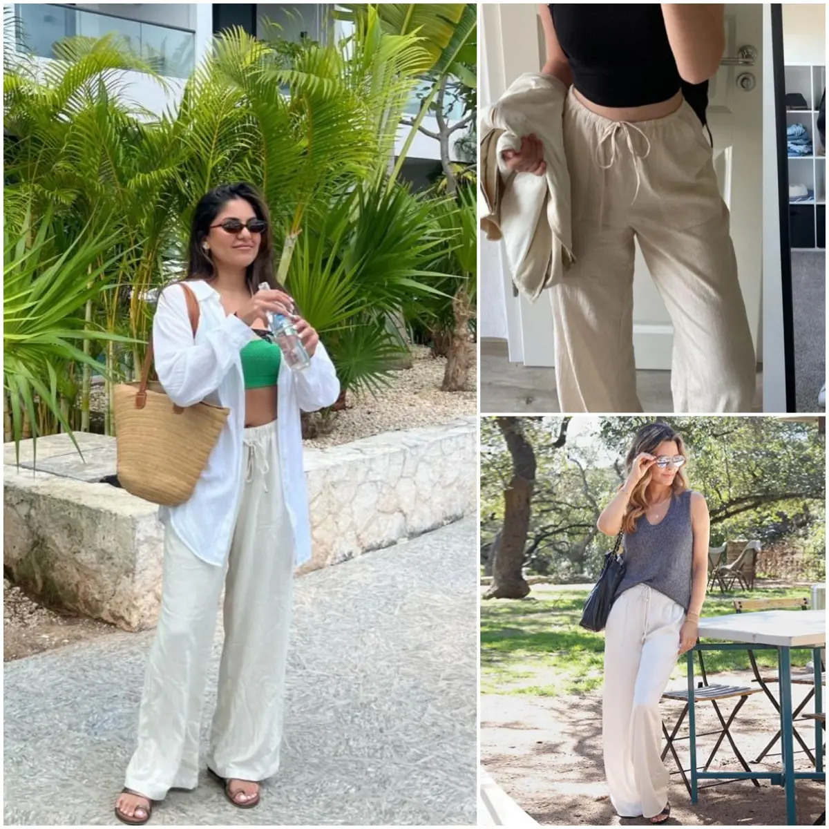 Women's Cotton Linen Summer Palazzo Pants Flowy Wide Leg Beach Trousers with Pockets Casual Womenswear